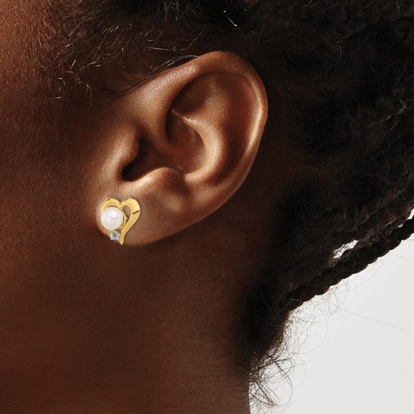 14K 5-6mm Button White FWC Pearl .02ct Diamond Heart Post Earrings - Picture 3 of 4